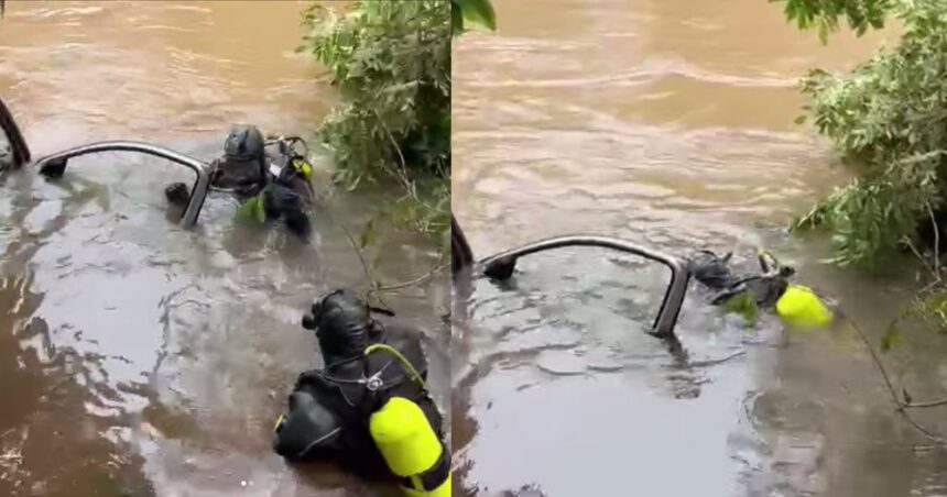 Bombeiros mergulham no poluído Rio Uberabinha em busca de vítima de acidente em Uberlândia