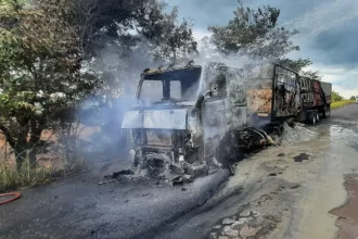 Caminhão estava carregado com 38 toneladas de cimento, e pegou fogo na MG-247 — Foto: Divulgação/Corpo de Bombeiros