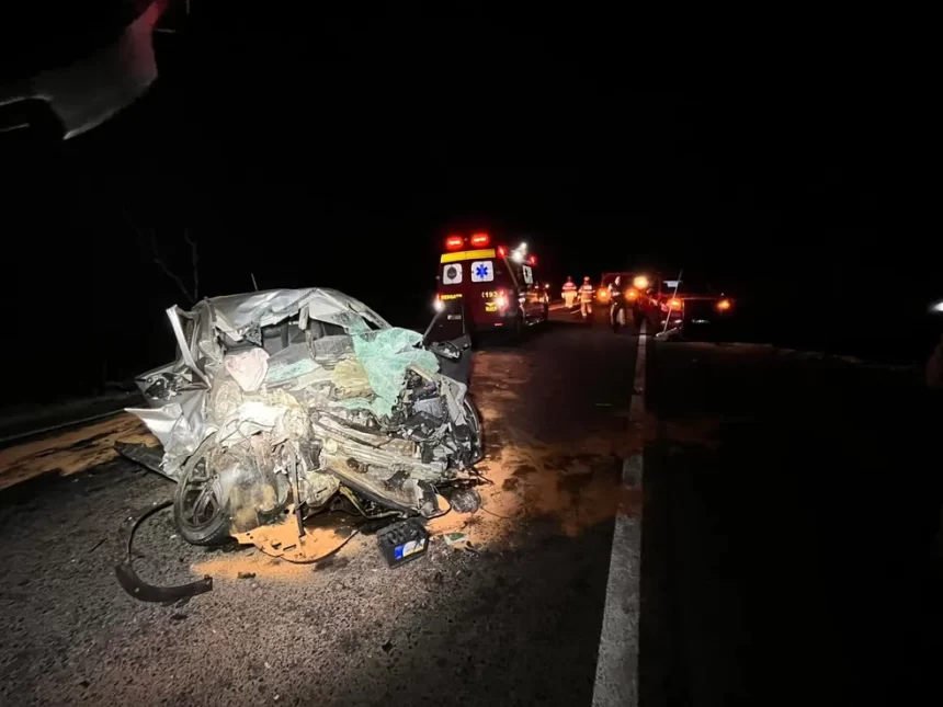 Situação de carro após batida na BR-452, em Uberlândia — Foto: Corpo de Bombeiros/Divulgação