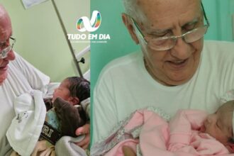 Bernardes Luis de Lima, o Nadico, segura o bisneto Isaac (esq) e a neta Maria Fernanda | Foto: Arquivo pessoal