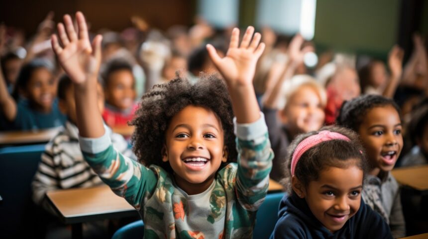 Tudo Em Dia - vecteezy a group of diverse students eagerly raise their hands in a 28142210