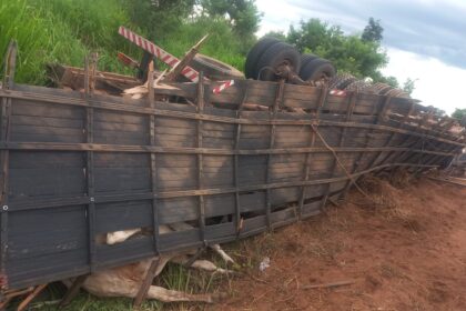 Caminhão capotou após bater na traseira de uma carreta na MG-410