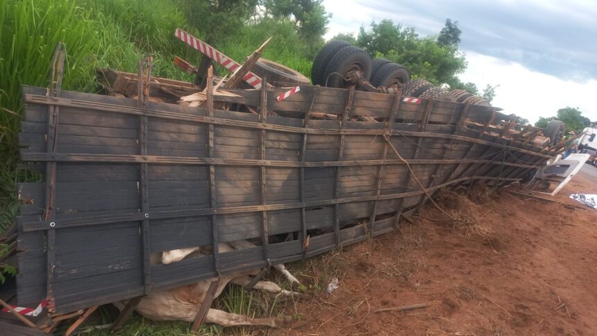 Caminhão capotou após bater na traseira de uma carreta na MG-410