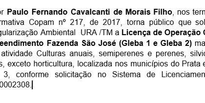 Nota pública de requisição de licença de Operação à Unidade Regional de Regularização Ambiental 