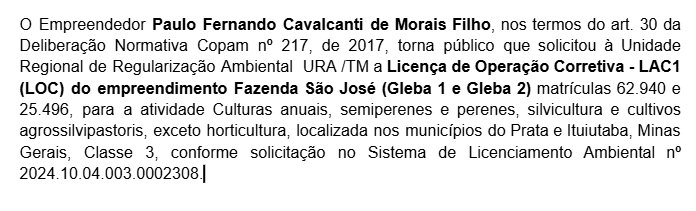 Nota pública de requisição de licença de Operação à Unidade Regional de Regularização Ambiental 