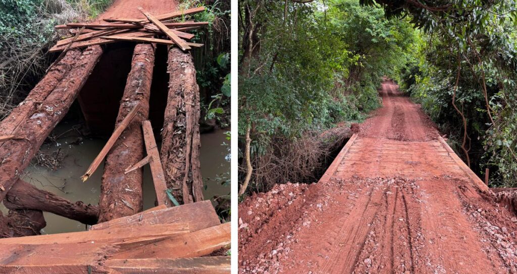 Antes e depois do reparo da ponte sobre o Córrego do Carmo em Ituiutaba